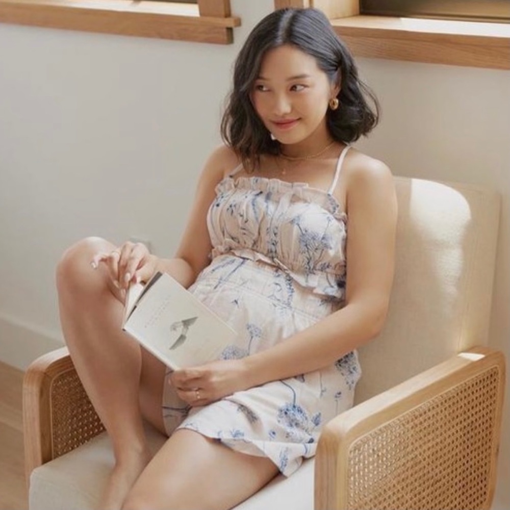 H&M Light Beige & Blue Plant/Floral Linen Blend Ruffle Strappy Back Bralette